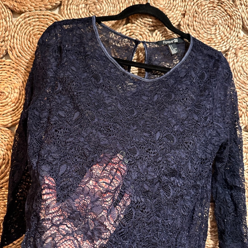 Navy Blue Floral Lace Blouse Top
